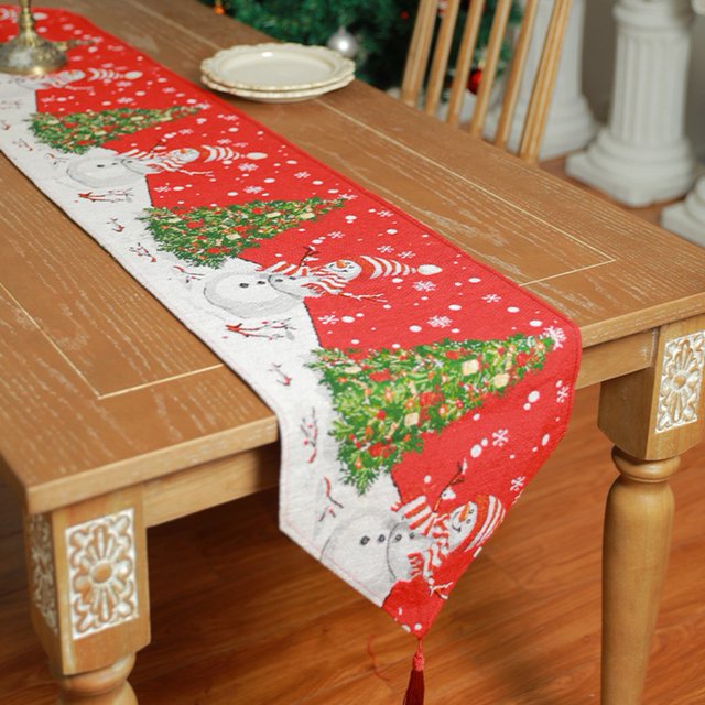Merry Christmas Linen Table Runner Party Decor Plaid Dining Table