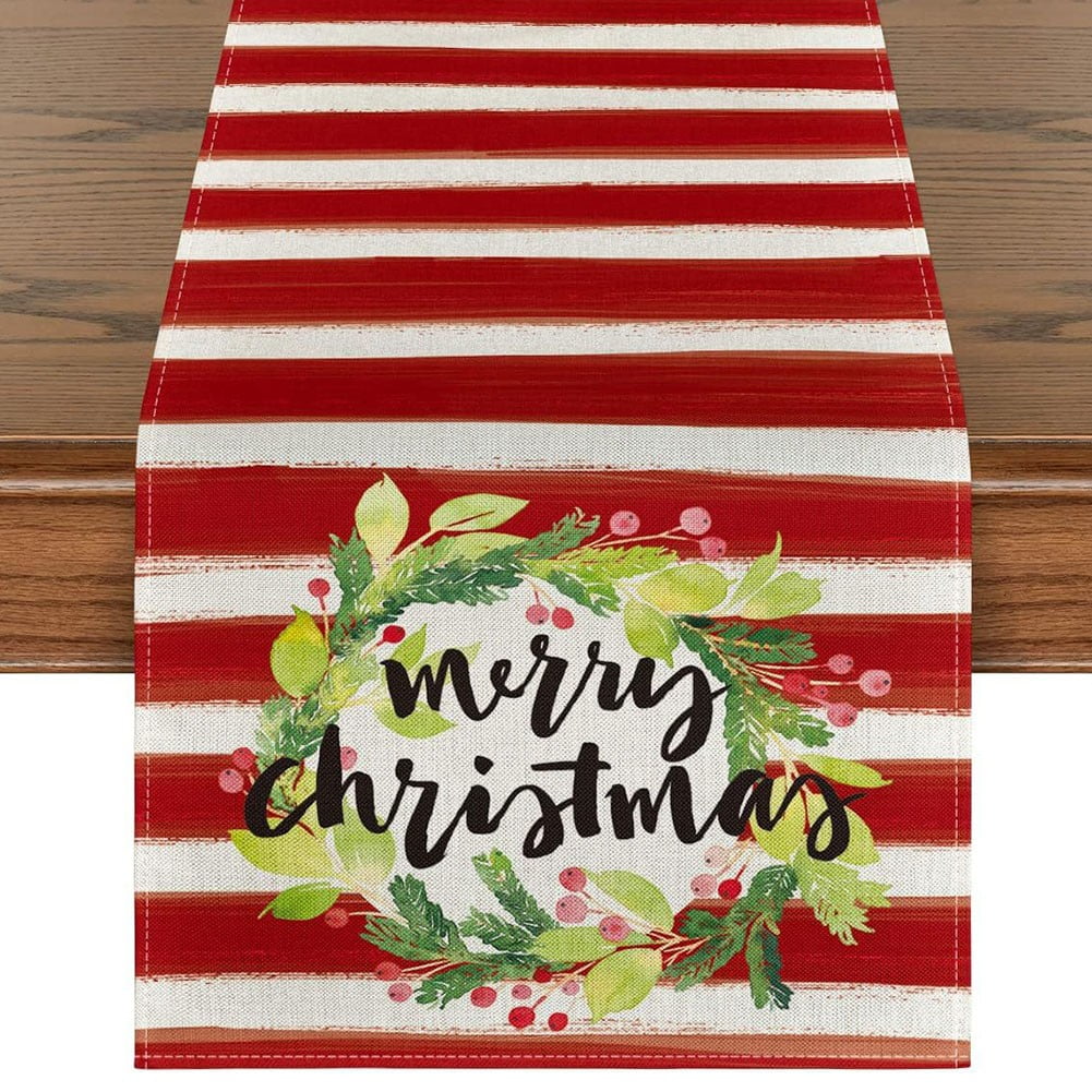 Merry Christmas Linen Table Runner Party Decor Plaid Dining Table