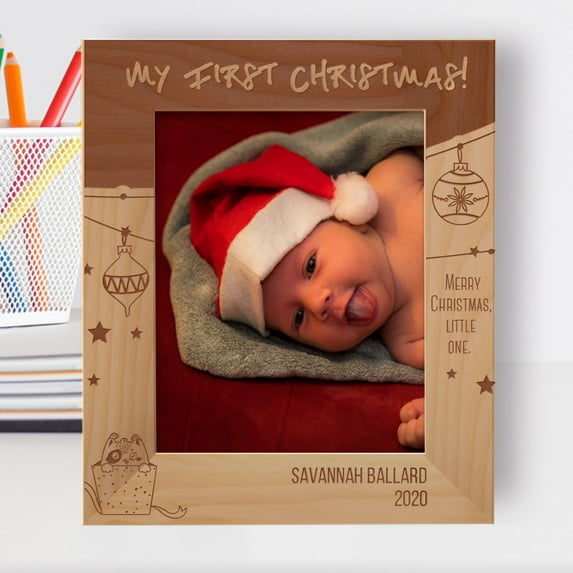 Merry Christmas Little One Personalized Wooden Frame 8" x 10" Brown (Vertical)