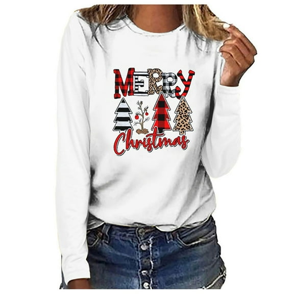 Merry Christmas Long Sleeve Tshirts for Women Funny Graphic Tshirts Trendy Loose Flowy Casual Tops