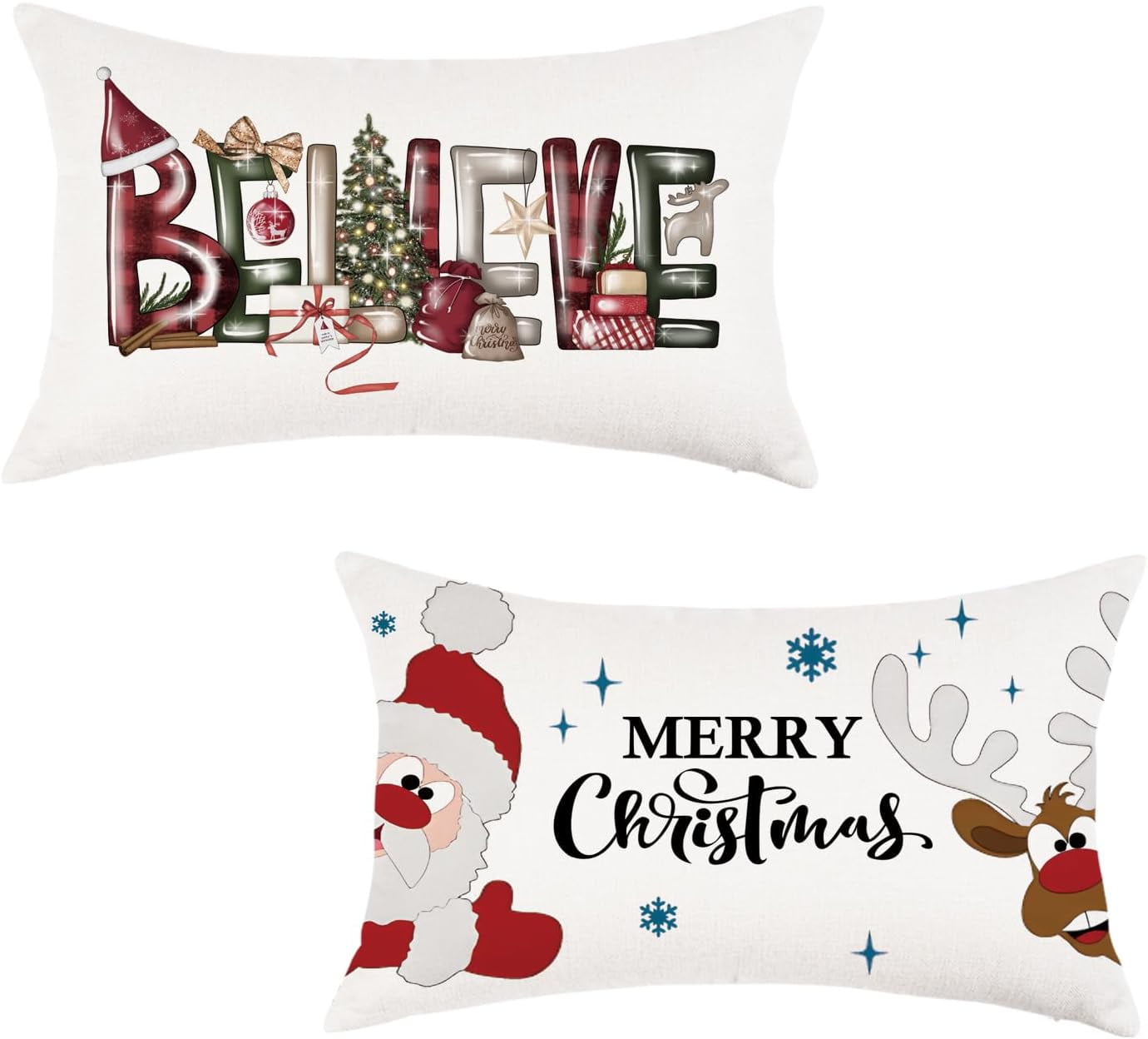 Merry Christmas Lumbar Pillow Covers 12x20 Inch Believe Santa Claus