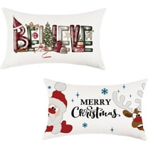 Merry Christmas Lumbar Pillow Covers 12x20 Inch Set of 2 Believe Santa Claus Reindeer Decor Farmhouse Xmax Winter Holiday Decorative Cushion Cases for Sofa Couch Home