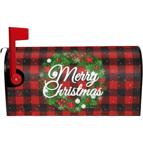 Merry Christmas Magnetic Oversized 25.5 X 21 Winter Xmas Wreath Red Buffalo Plaid Mailbox Cover Holiday Decor