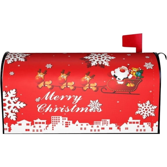 Merry Christmas Mailbox Cover Magnetic Santa Claus Reindeer City and Snowflakes Mailbox Wraps Post Box Cover Décor 21x18 in