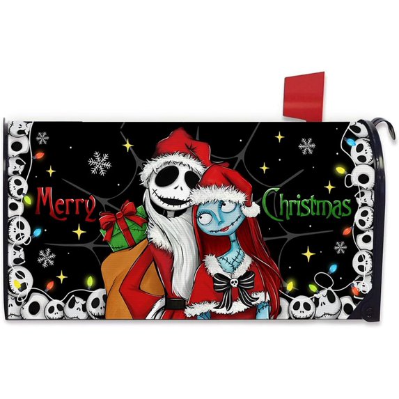 Merry Christmas Mailbox Cover Magnetic Standard Size 21"x19", Xmas Jack Skellington Sally Skulls Decorative Post Letter Box Decor, Funny Holiday Black Garden Yard Outdoor Decoration