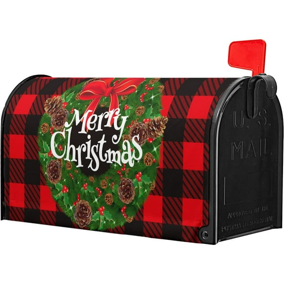 Merry Christmas Mailbox Cover Wreath Red Buffalo Plaid Mailbox Covers Magnetic Standard Size 21" X 18" Winter Xmas Holiday Mailbox Wrap Post Letter Box Cover Decor for Home Outdoor Yard Garden