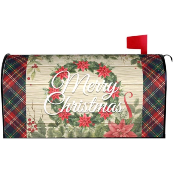 Merry Christmas Mailbox Covers Magnetic Standard Size 18 X 21 Winter White Floral Red Green Xmas Buffalo Plaid Mailbox Cover Mailbox Wrap Post Letter Box Cover Decor for Home Outdoor Garden Holiday