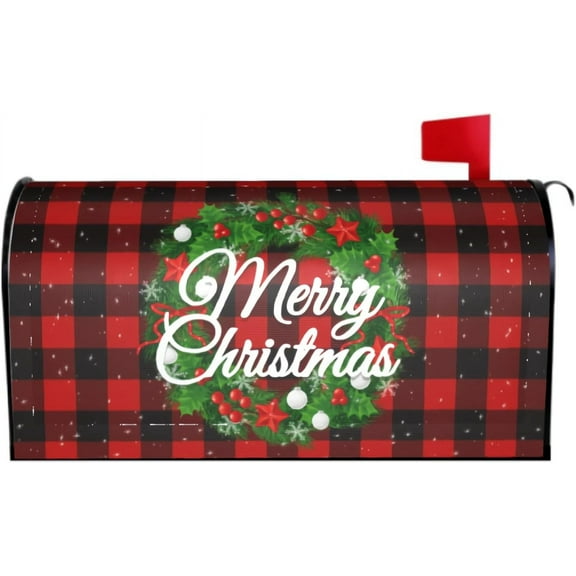 Merry Christmas Mailbox Covers Magnetic Standard Size 18 X 21 Winter Xmas Wreath Red Buffalo Plaid Mailbox Cover Holiday Decorations Mailbox Wrap Post Letter Box Cover Decor for Home Outdoor Garden