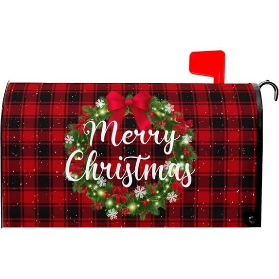 Merry Christmas Mailbox Covers Magnetic Standard Size 21x18 Inch Winter Christmas Wreath Red Black Buffalo Plaid Mailbox Cover Xmas Holiday Wraps Post Box Cover for Garden Yard Decor