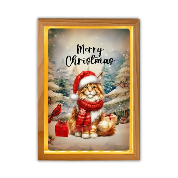 Merry Christmas Maine Coon Enjoys Catmas Winter Xmas Holiday Acrylic Plaque with Wood Photo Frame Box Cat Lover Kitten Owner Gifts Light Box - 02022