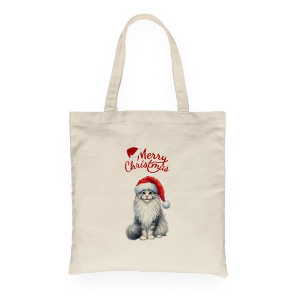 Merry Christmas Maine Coon Santa Hat Xmas Tree Winter Holiday Canvas Tote Bag Cat Lover Kitten Owner Gifts Reusable Shopping Grocery Bag - 01013