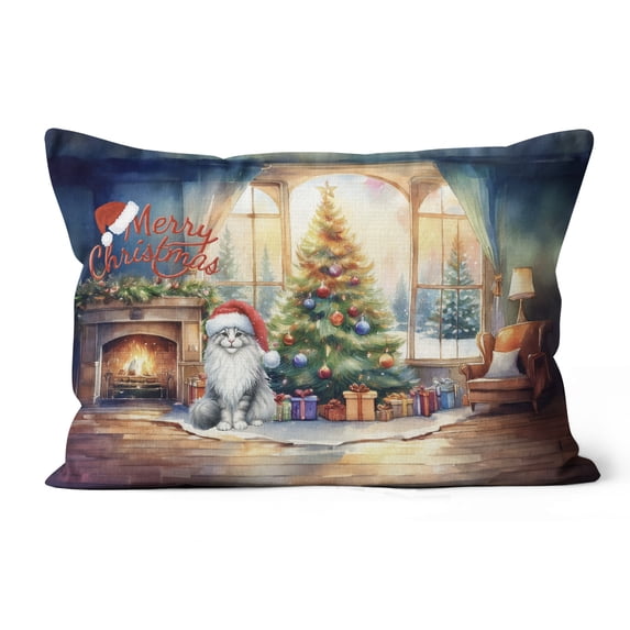 Merry Christmas Maine Coon Santa Hat Xmas Tree Winter Holiday Pillow Cushion Double Sided Cat Lover Kitten Owner Gifts Throw Pillow - 01013