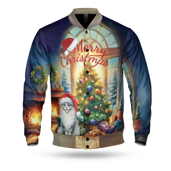 Merry Christmas Maine Coon Santa Hat Xmas Tree Winter Holiday All Over Print 3D Baseball Jacket Cat Lover Kitten Owner Gifts Bomber Jacket Softball - 01013