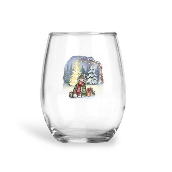 Merry Christmas Maine Coon Snowy Winter with Gifts Tree Decorations 15oz Stemless Wine Glass Mug Cat Lover Kitten Owner Gifts Wine Glasses Cup - 12020
