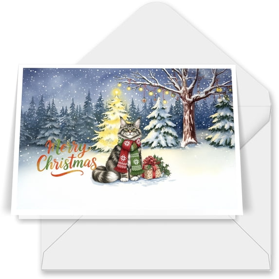 Merry Christmas Maine Coon Snowy Winter with Gifts Tree Decorations 7x5in Folded Greeting Card Cat Lover Kitten Owner Gifts Single Note Card with Envelope - 12020