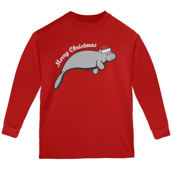 Merry Christmas Manatee Floaty Potato Youth Long Sleeve T Shirt Red Youth X-SM