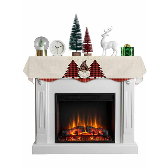 Merry Christmas Mantel Scarf Fireplace Decorations for Living Room, Gnomes Red Xmas Tree Buffalo Plaid Vintage Fireplace Mantel Scarf Cover Runner for Halloween/Thanksgiving/Christmas Decor 60"x17"