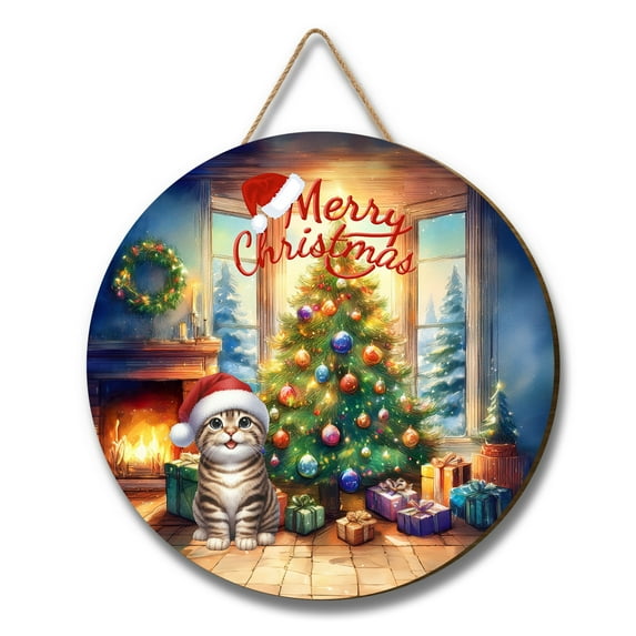 Merry Christmas Manx Santa Hat Xmas Tree Winter Holiday Round Wood Sign Cat Lover Kitten Owner Gifts Hanging Wall Home Decor - 01013