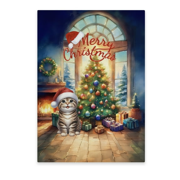 Merry Christmas Manx Santa Hat Xmas Tree Winter Holiday Vertical Matte Canvas Poster Cat Lover Kitten Owner Gifts Wall Art Home Decor - 01013
