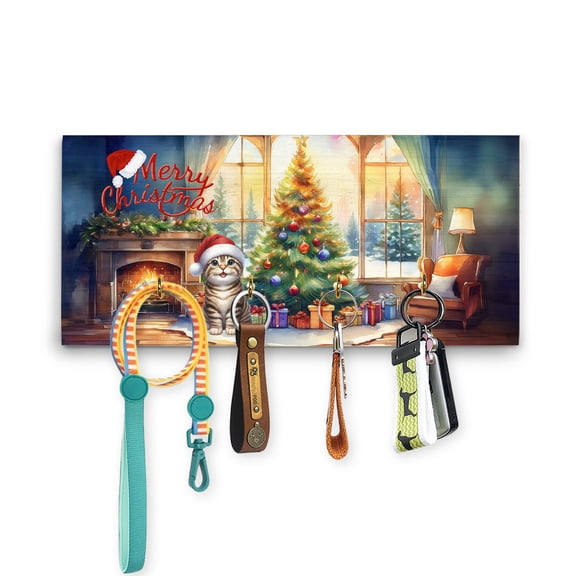 Merry Christmas Manx Santa Hat Xmas Tree Winter Holiday Wood Key Holder Cat Lover Kitten Owner Gifts Wall-mounted Key Rack Home Decor - 01013
