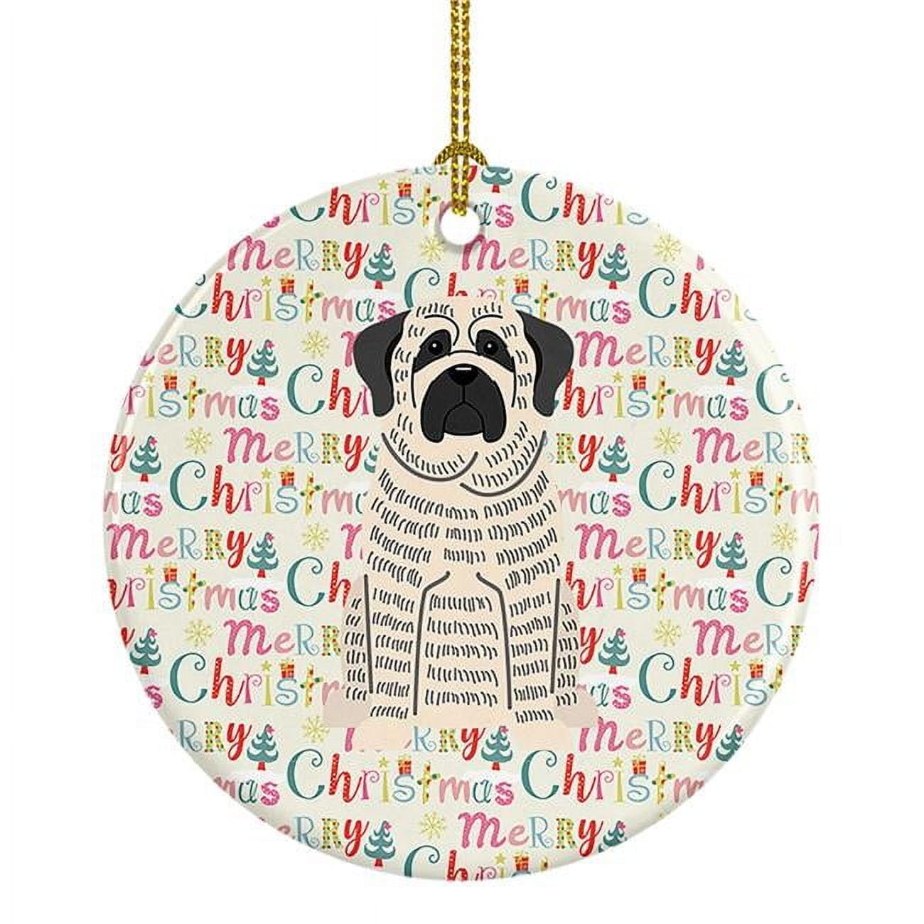 Merry Christmas Mastiff Brindle White Ceramic Ornament 2.8 in x 2.8 in