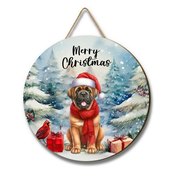 Merry Christmas Mastiff Enjoys Woofmas Winter Xmas Holiday Round Wood Sign Mastiffs Dog Lover Gifts Idea Hanging Wall Home Decor - 02022
