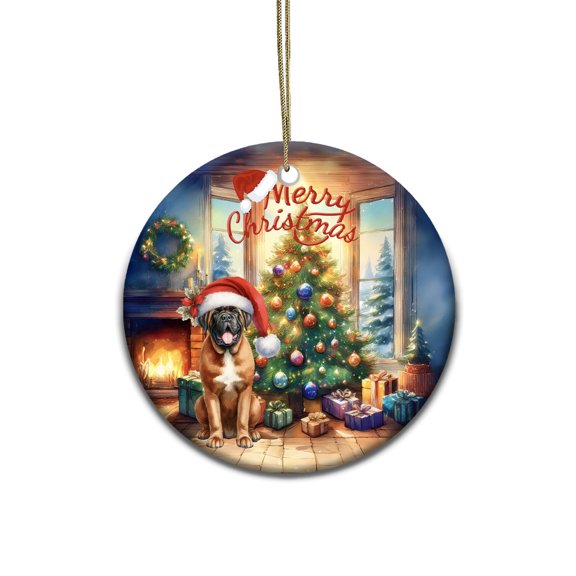 Merry Christmas Mastiff Santa Hat Xmas Tree Winter Holiday Ceramic Round Ornament Mastiffs Dog Lover Gifts Idea Home Tree Decor - 01013