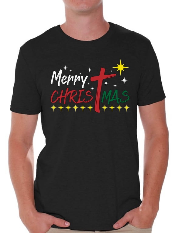 Merry Christmas Men Shirt Christian Shirt for Men Merry Xmas Men's T-Shirt Religion Jesus Christ Tee for Him Christmas Shirt for Men Christmas Tshirt Christian Cross Top Xmas Gifts Happy Holidays