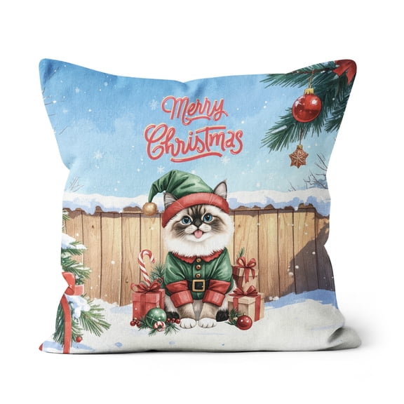 Merry Christmas Meowy Catmas Noel Ragdoll Elf Candy Cane Snow Pillow Cushion Double Sided Cat Lover Kitten Owner Gifts Idea Throw Pillow - 13017