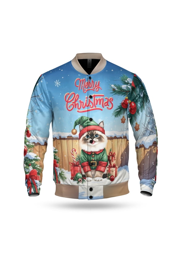 Merry Christmas Meowy Catmas Noel Ragdoll Elf Candy Cane Snow All Over Print 3D Baseball Jacket Cat Lover Kitten Owner Gifts Idea Bomber Jacket Softball - 13017