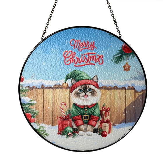 Merry Christmas Meowy Catmas Noel Ragdoll Elf Candy Cane Snow Stained Glass Suncatcher Cat Lover Kitten Owner Gifts Idea Window Hanging Sign Decor - 13017