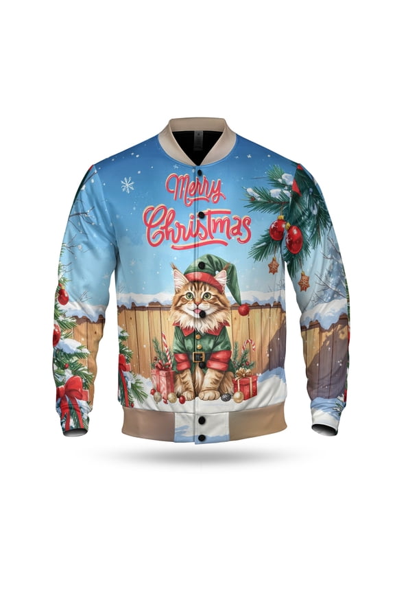 Merry Christmas Meowy Catmas Xmas Noel Maine Coon Elf Candy Cane Snow All Over Print 3D Baseball Jacket Cat Lover Kitten Owner Gifts Bomber Jacket Softball - 13017