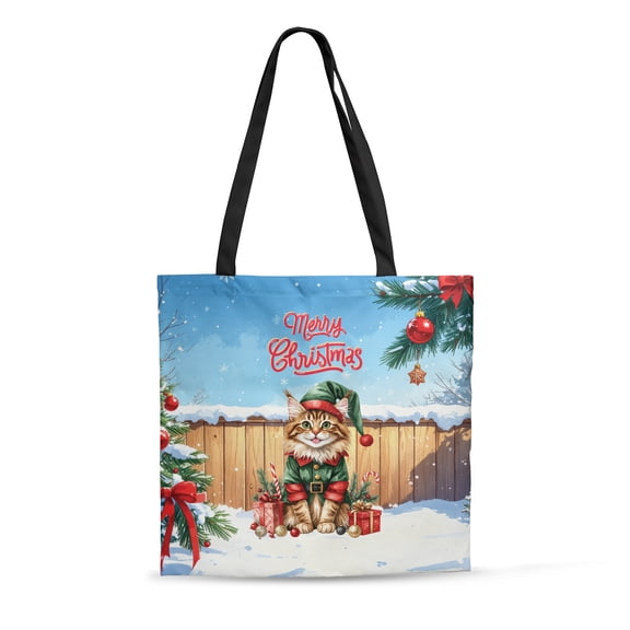Merry Christmas Meowy Catmas Xmas Noel Maine Coon Elf Candy Cane Snow All Over Print 3D Canvas Tote Bag Cat Lover Kitten Owner Gifts Reusable Handbag - 13017
