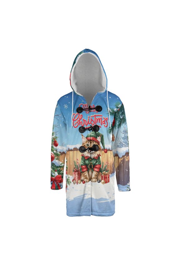 Merry Christmas Meowy Catmas Xmas Noel Maine Coon Elf Candy Cane Snow All Over Print 3D Hooded Duffle Toggle Coat Cat Lover Kitten Owner Gifts - 13017