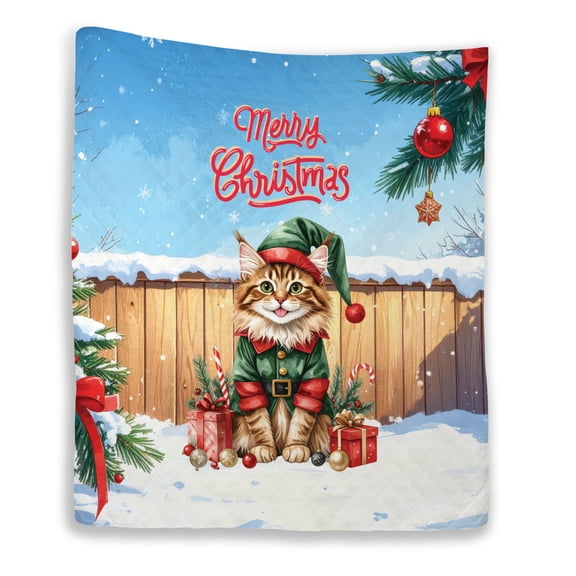 Merry Christmas Meowy Catmas Xmas Noel Maine Coon Elf Candy Cane Snow Quilt Blanket Cat Lover Kitten Owner Gifts Cozy Comforter Throw Blanket - 13017