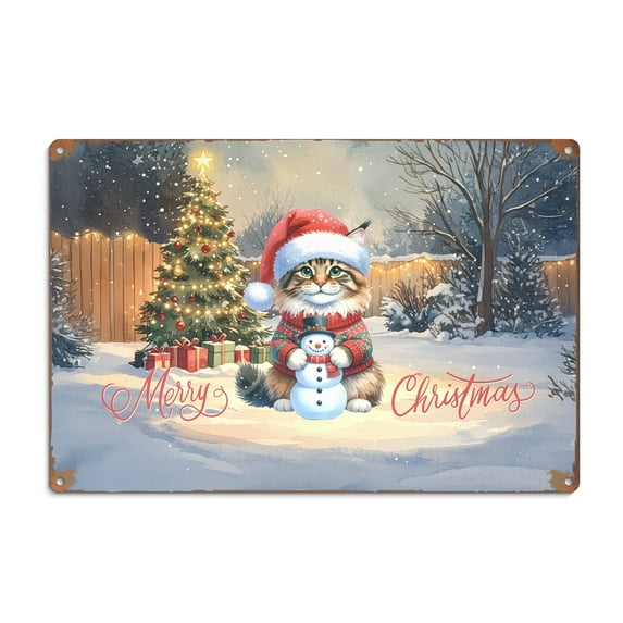 Merry Christmas Meowy Catmas Xmas Noel Maine Coon Santa Snowman Horizontal Metal Aluminum Sign Cat Lover Kitten Owner Gifts Wall Art Home Decor - 13016