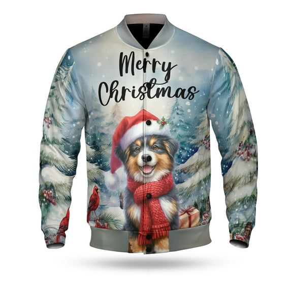 Merry Christmas Miniature American Shepherd Enjoys Woofmas Winter Xmas Holiday All Over Print 3D Baseball Jacket MAS Dog Lover Gifts Bomber Jacket Softball - 02022