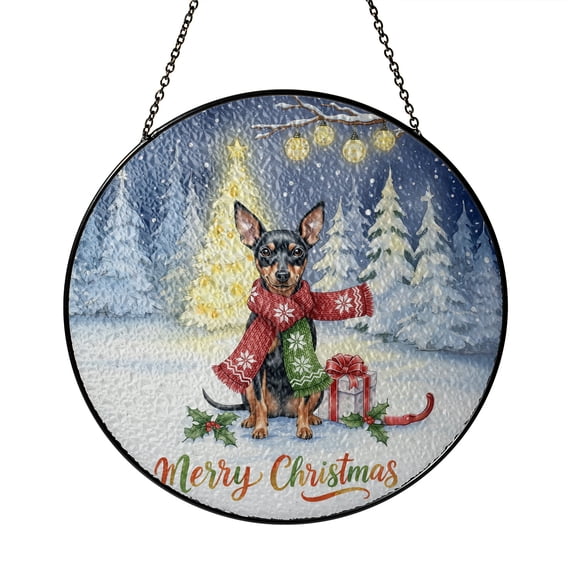 Merry Christmas Miniature Pinscher Snowy Winter with Tree Decorations Stained Glass Suncatcher Mini Pin Dog Lover Window Hanging Sign Decor - 12020