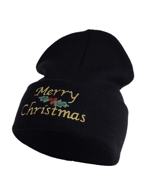 Merry Christmas Mistletoe Embroidered 12 inch Cuffed Knit Long Beanie - Navy XL-3XL