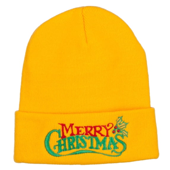 Merry Christmas Mistletoe Embroidered Long Beanie - Yellow OSFM