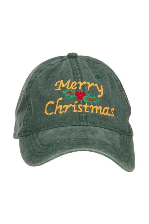 Merry Christmas Mistletoe Embroidered Washed Dyed Cap - Dk Green OSFM