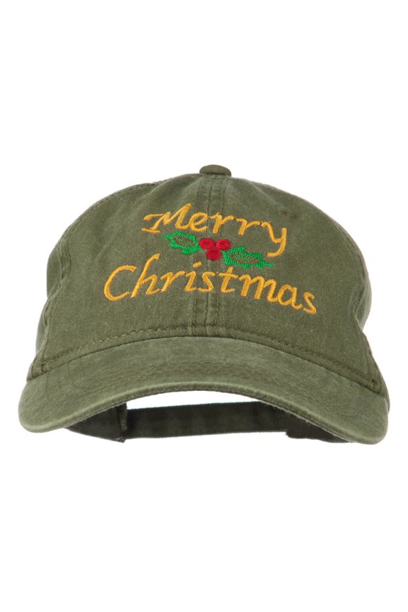 Merry Christmas Mistletoe Embroidered Washed Dyed Cap - Olive Green OSFM