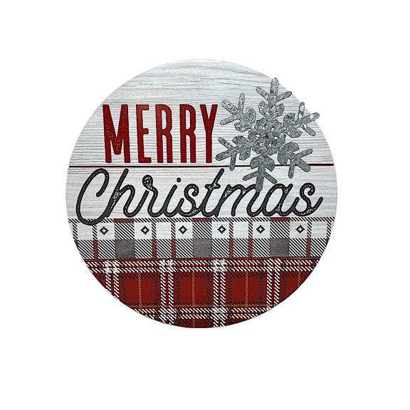Merry Christmas Modern Plaid Design Sign Wood Metal Red White Snowflake For Wall Door Hanging Decor 14"