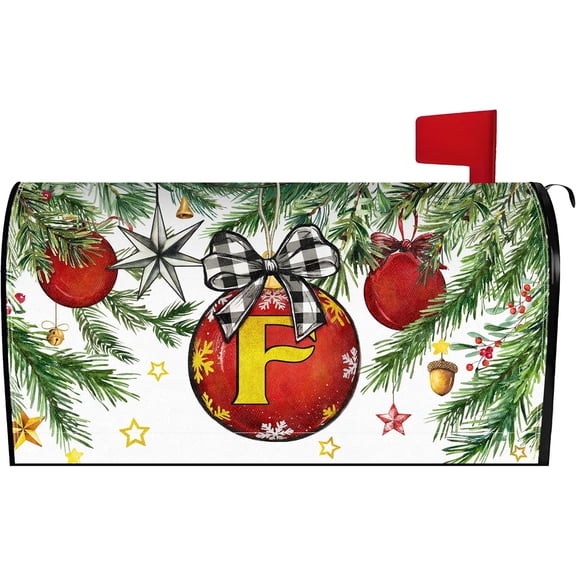 Merry Christmas Monogram Letter F Mailbox Cover Magnetic 21x18 Inch, Family Last Name Initial Post Letter Box Covers, Winter Holiday Xmas Seasonal Outdoor Yard Standard Mailbox Decor