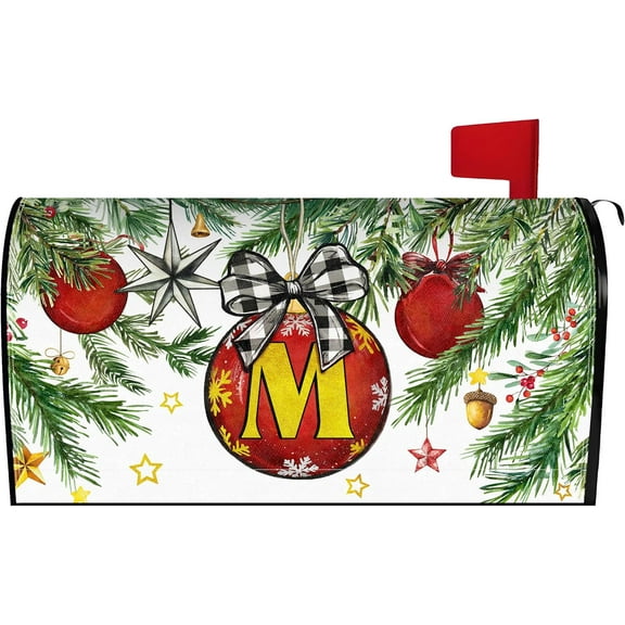 Merry Christmas Monogram Letter M Mailbox Cover Magnetic 21x18 Inch, Family Last Name Initial Post Letter Box Covers, Winter Holiday Xmas Seasonal Outdoor Yard Standard Mailbox Decor