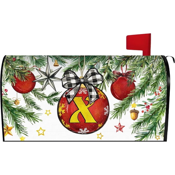 Merry Christmas Monogram Letter X Mailbox Cover Magnetic 21x18 Inch, Family Last Name Initial Post Letter Box Covers, Winter Holiday Xmas Seasonal Outdoor Yard Standard Mailbox Decor