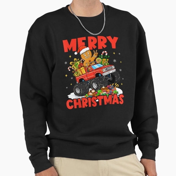Merry Christmas Monster Truck Funny Gingerbread Kid Graphic Unisex Sweatshirt Retro Art - Eco-friendly InkPerfect for Any Occasion G17544, Up to Size 5XL