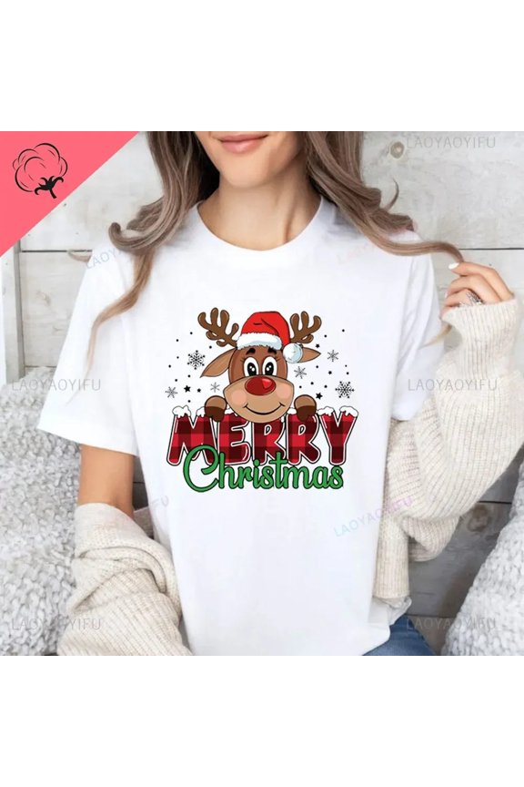 Merry Christmas Moose Graphics Tshirt Women Comfort Famale T-Shirt
