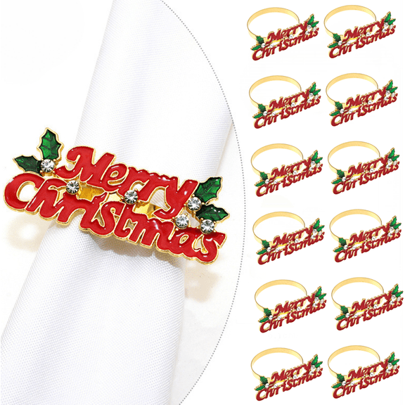 Merry Christmas Napkin Rings Gnome Napkin Holders Gold and Red Alloy Rhinestone Metal Xmas Letter Napkin Rings for Christmas Dinner Home Table Settings Kitchen Decorations(12 Pcs, Bright)
