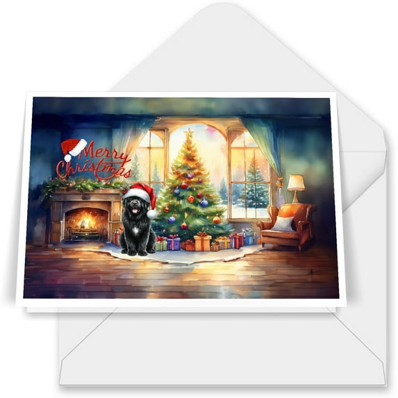Merry Christmas Newfoundland Santa Hat Xmas Tree Winter Holiday 7x5in Folded Greeting Card Newfie Dog Lover Gifts Single Note Card with Envelope - 01013